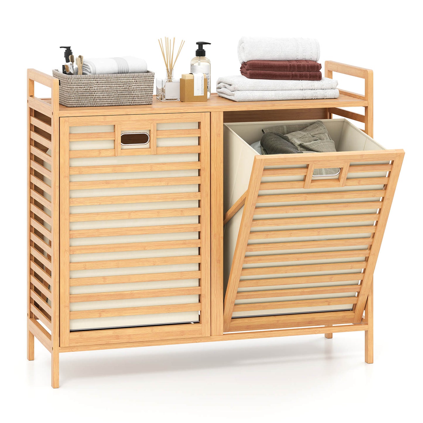 75L Double Tilt-out Laundry Hamper Bamboo with 2 Removable Bins-Natural