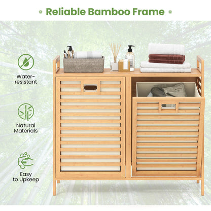 75L Double Tilt-out Laundry Hamper Bamboo with 2 Removable Bins-Natural