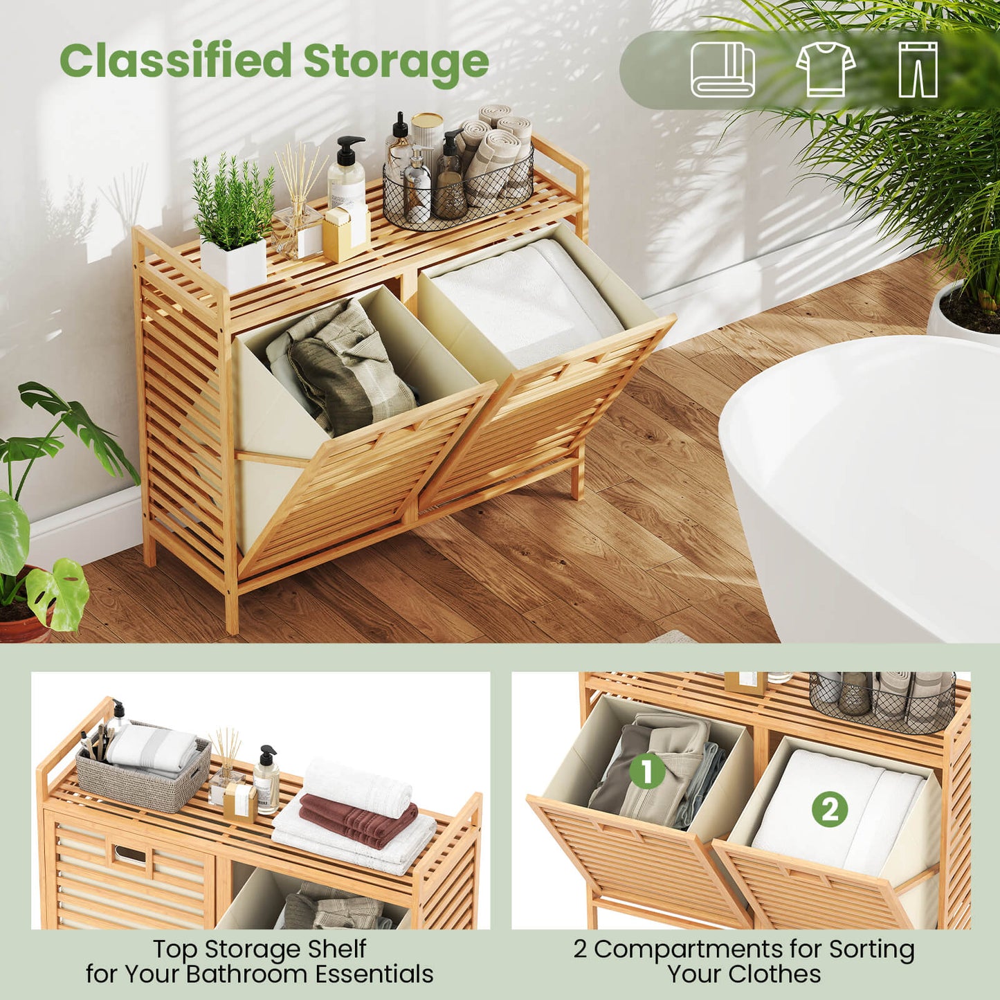 75L Double Tilt-out Laundry Hamper Bamboo with 2 Removable Bins-Natural