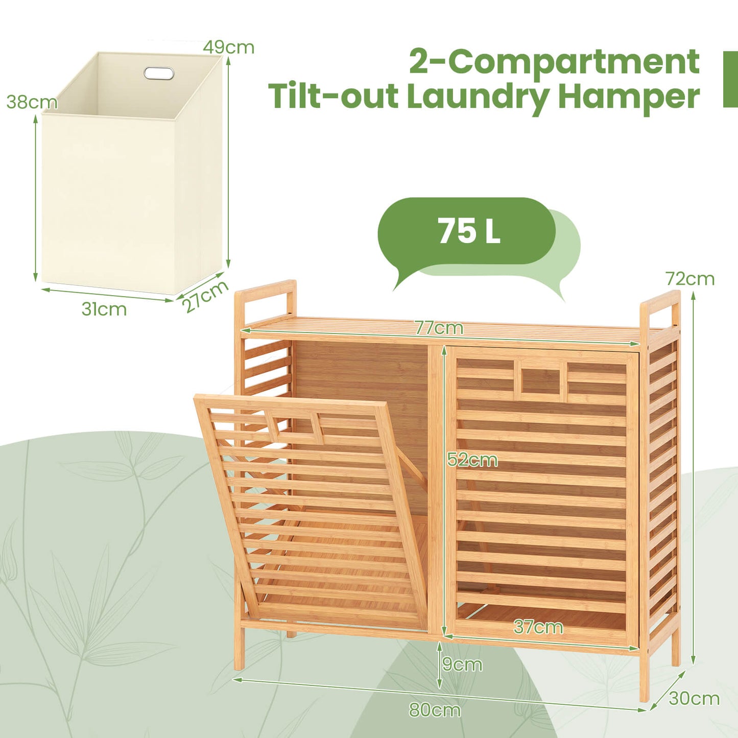 75L Double Tilt-out Laundry Hamper Bamboo with 2 Removable Bins-Natural