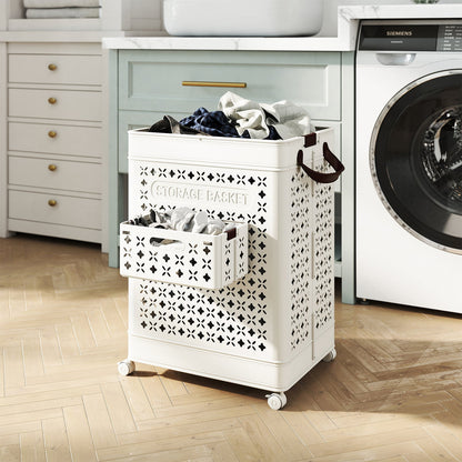 75 L Collapsible Laundry Basket with Underwear Basket and Handles-White