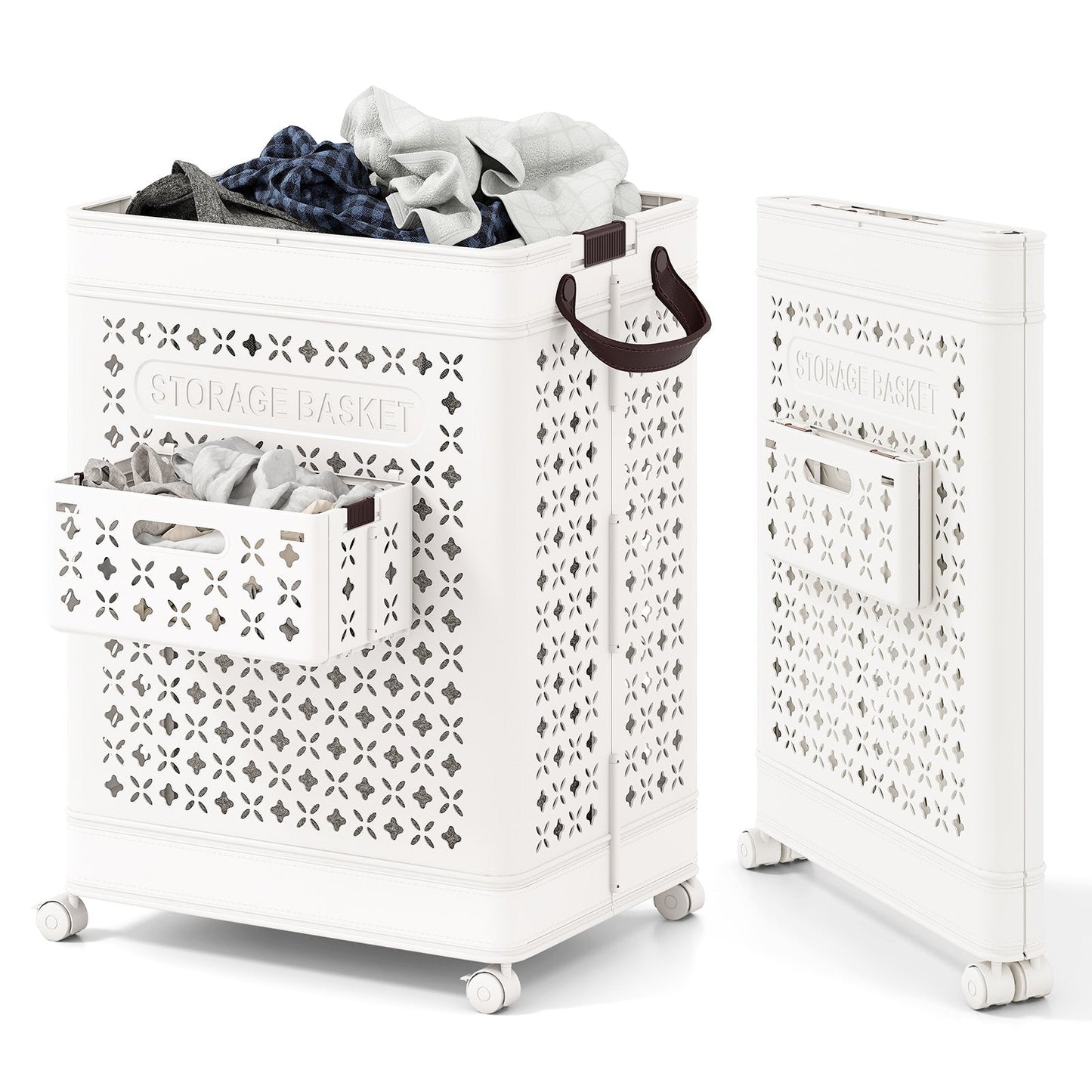 75 L Collapsible Laundry Basket with Underwear Basket and Handles-White