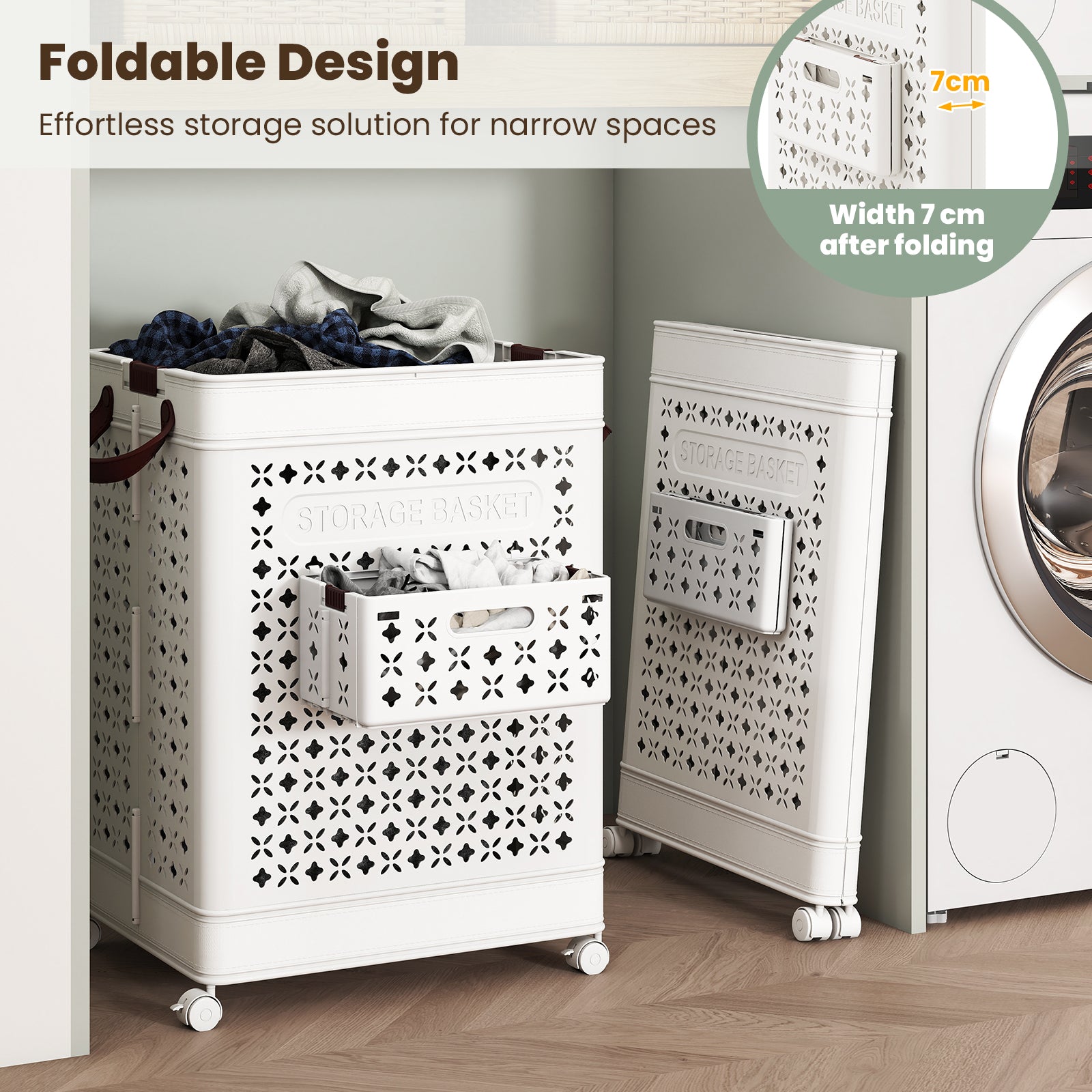 75 L Collapsible Laundry Basket with Underwear Basket and Handles-White