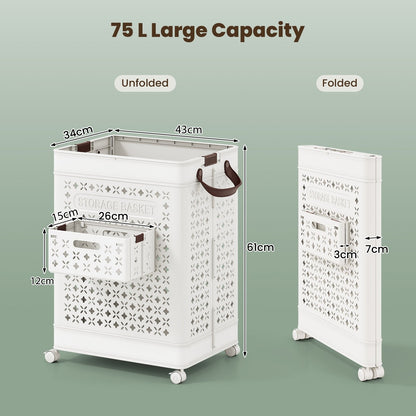 75 L Collapsible Laundry Basket with Underwear Basket and Handles-White
