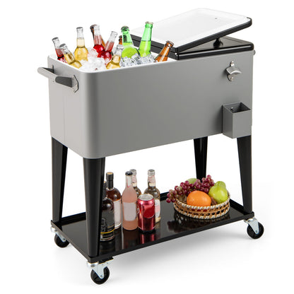 75 L Portable Patio Rolling Ice Chest with Bottom Storage Shelf-Grey