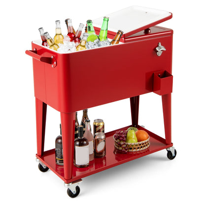 75 L Portable Patio Rolling Ice Chest with Bottom Storage Shelf-Red