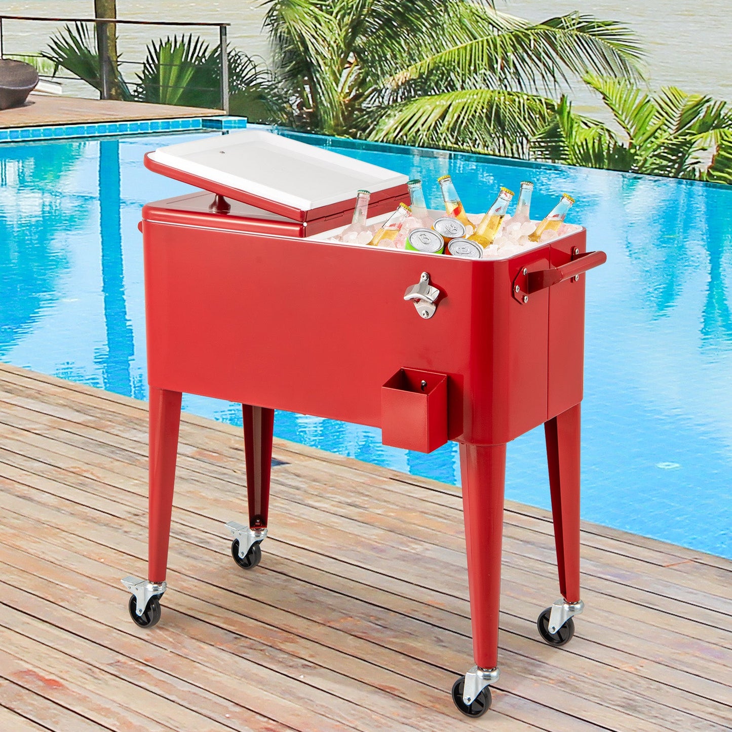 75 L Rolling Ice Chest Portable Patio Cooler on Wheels Outdoor Drink Beverage Cooler Cart-Red