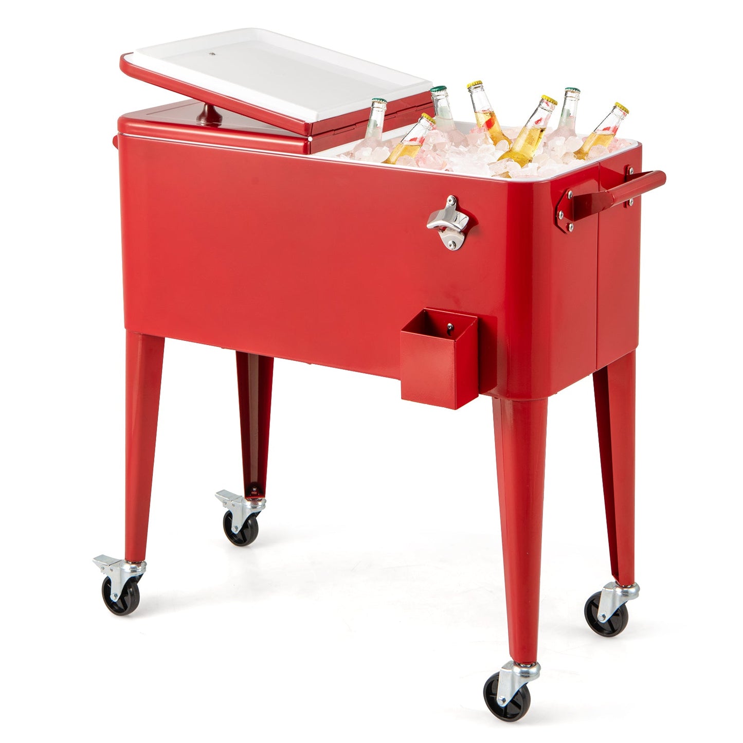 75 L Rolling Ice Chest Portable Patio Cooler on Wheels Outdoor Drink Beverage Cooler Cart-Red