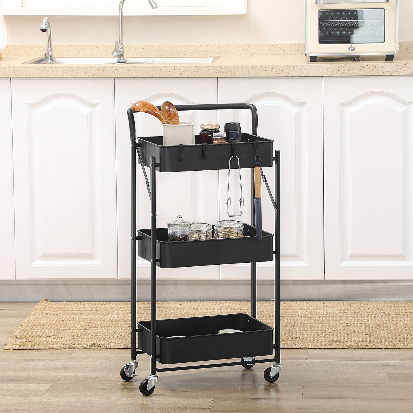 3 Tier Storage Trolley Utility Cart Foldable Rolling With 3 Mesh Baskets, 4 Removable Hooks for Living Room, Laundry and Kitchen, Black