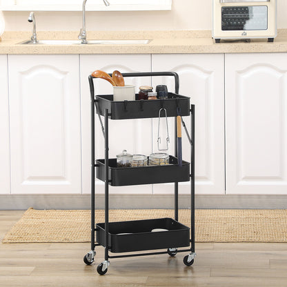 3 Tier Storage Trolley Utility Cart Foldable Rolling With 3 Mesh Baskets, 4 Removable Hooks for Living Room, Laundry and Kitchen, Black