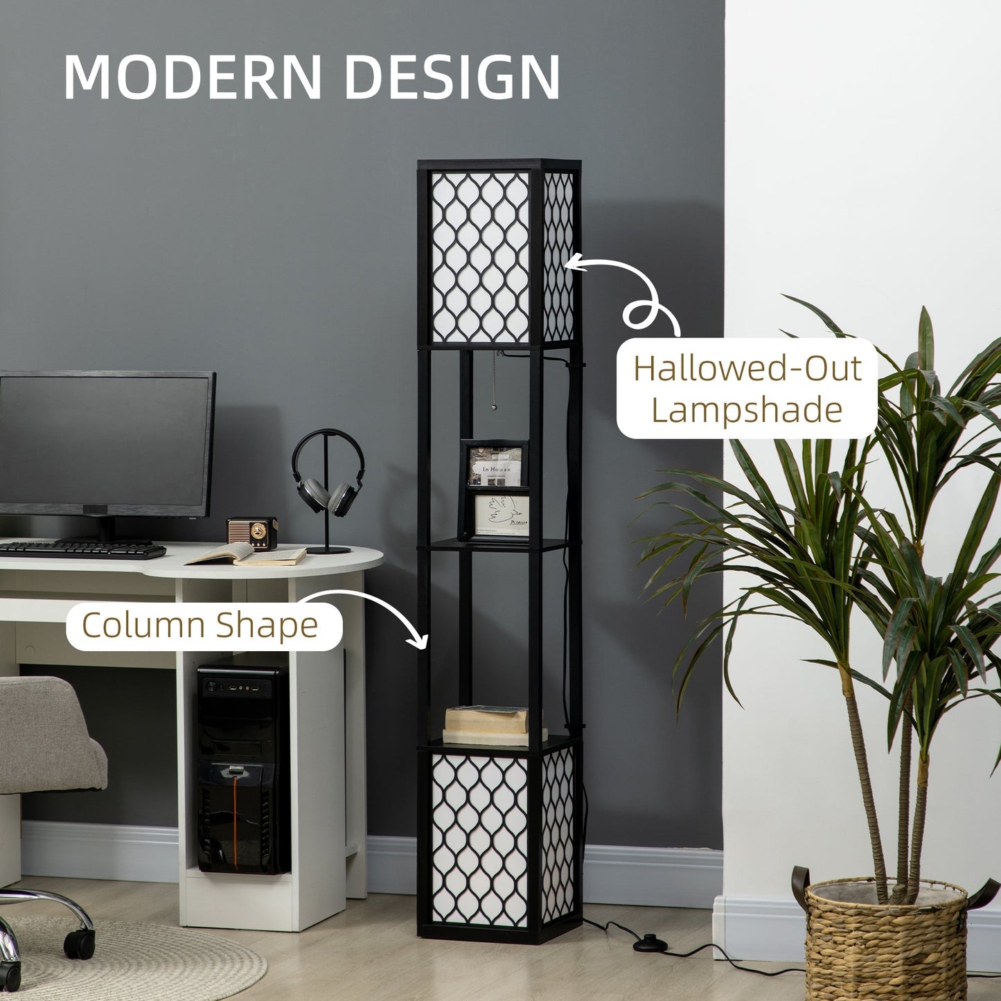 HOMCOM Floor Lamp with Shelves, Dual Light, Modern Tall Standing Lamps for Living Room, Bedroom, with Chain Switch, Bulb not Included, Black