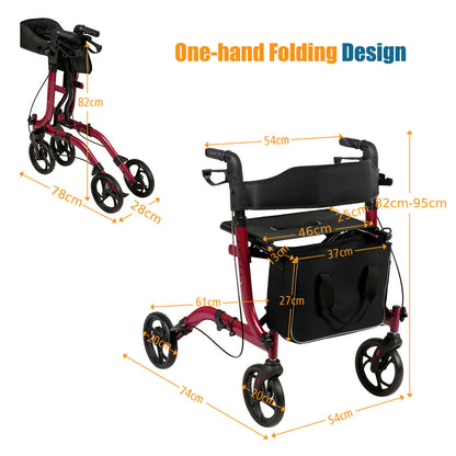 Folding Aluminium Rollator Walker Mobility Aid With 4 Wheels-Red