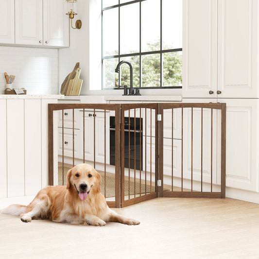 76 CM Tall Pet Gate Wooden Dog Fence 3-Panel Room Divider Barrier-Brown