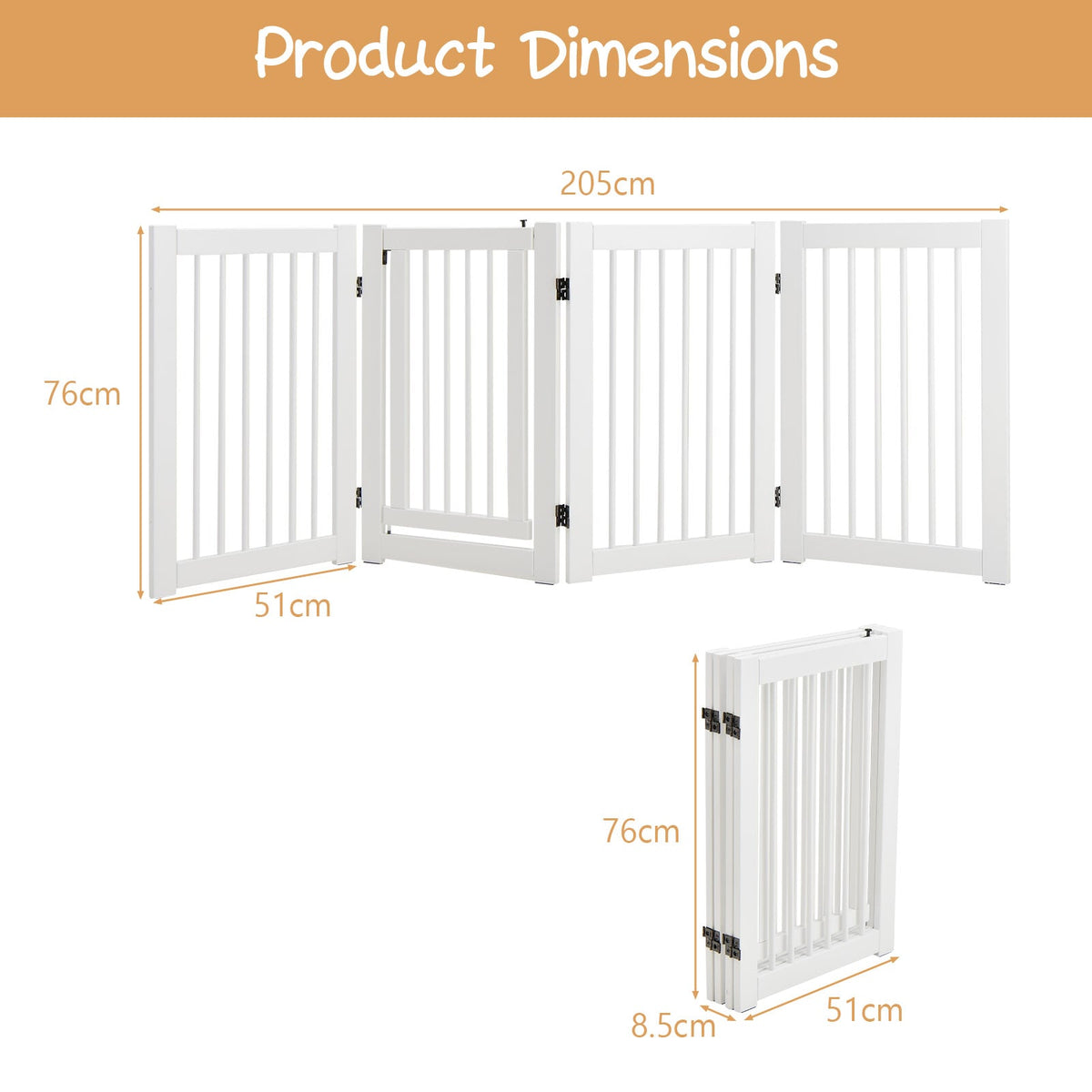 4 Panels Wooden Dog Gate with Door Walk Through-White