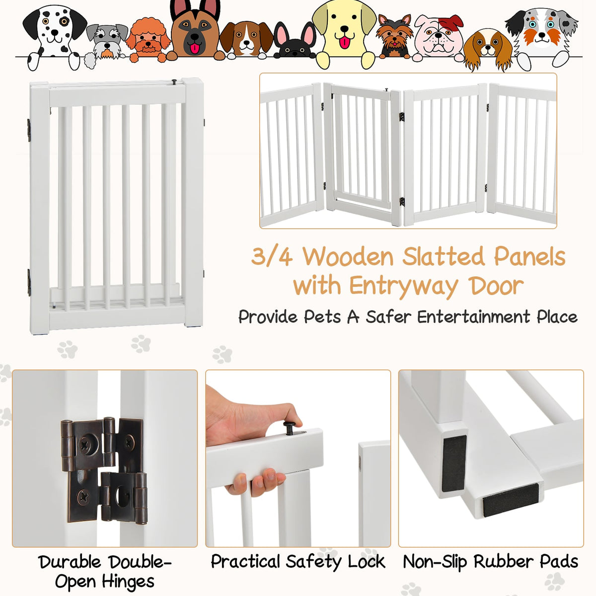 4 Panels Wooden Dog Gate with Door Walk Through-White