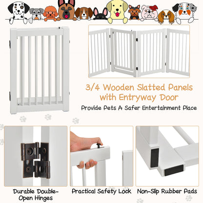 4 Panels Wooden Dog Gate with Door Walk Through-White
