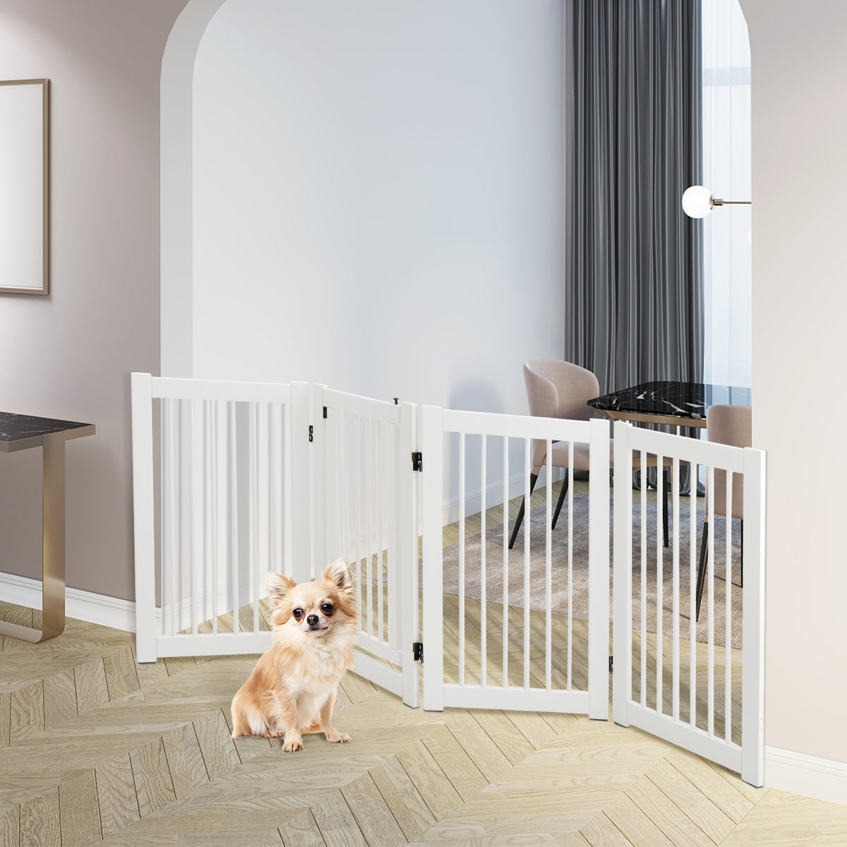 4 Panels Wooden Dog Gate with Door Walk Through-White
