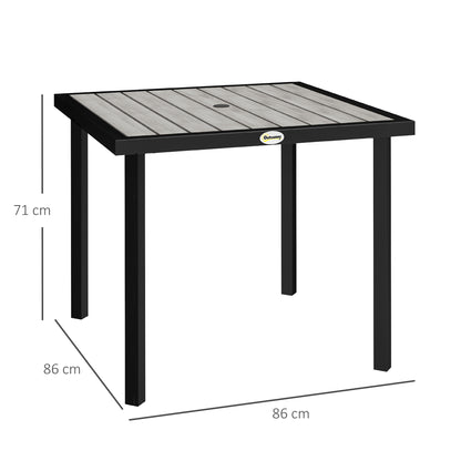 Stół ogrodowy Outsunny Square Garden Dining Table z otworem na parasol 5,4 cm, blatem z listew, metalową ramą, 86 x 86 x 71 cm, jasnoszary