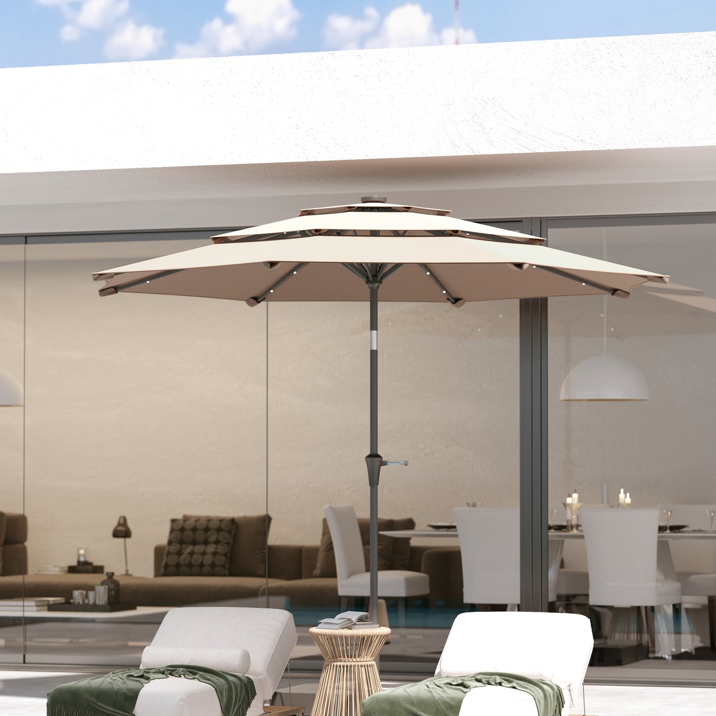 Parasol ogrodowy Outsunny 3-poziomowy z lampami solarnymi LED, UPF 30+, mechanizmem pochylania i korbą, do tarasu targowego, kolor khaki