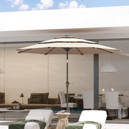 Parasol ogrodowy Outsunny 3-poziomowy z lampami solarnymi LED, UPF 30+, mechanizmem pochylania i korbą, do tarasu targowego, kolor khaki