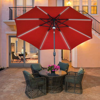 Outsunny 2.7m Garden Parasol Sun Umbrella w/ LED Solar Light Angled Canopy Red