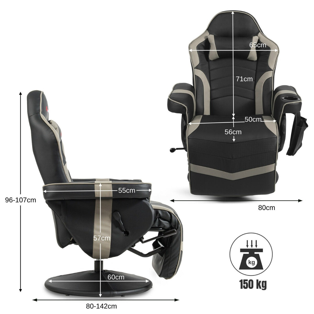 Electric Massage Gaming Chair with Cup Holder and Side Pouch-Grey