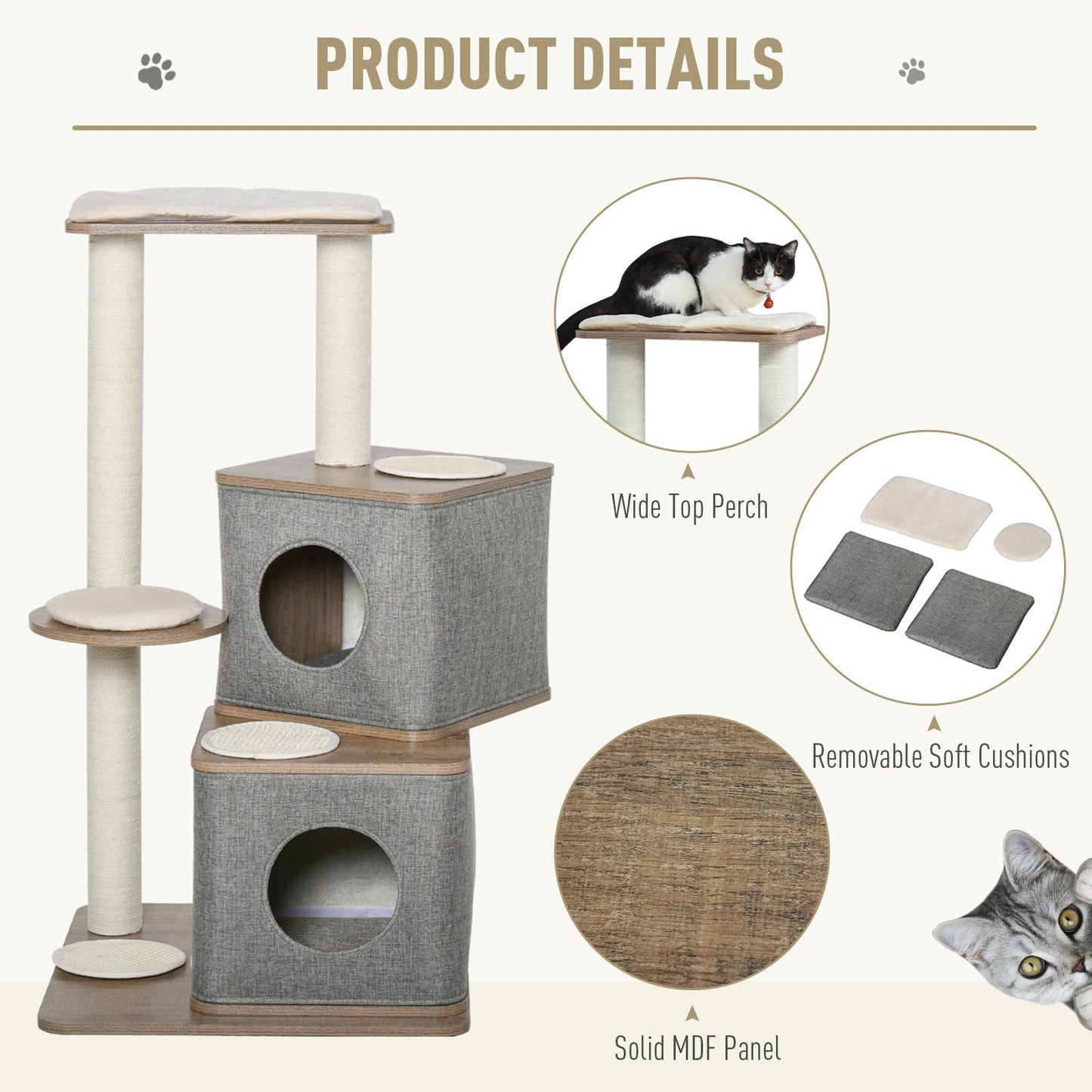 PawHut Multi-Level Cat Tree Tower Activity Center w/ Sisal Carpet Scratching Post