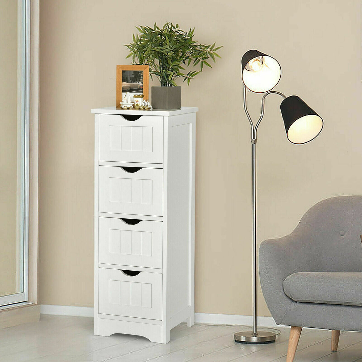4 Drawers Bathroom Floor Cabinet with Curved Handle-White