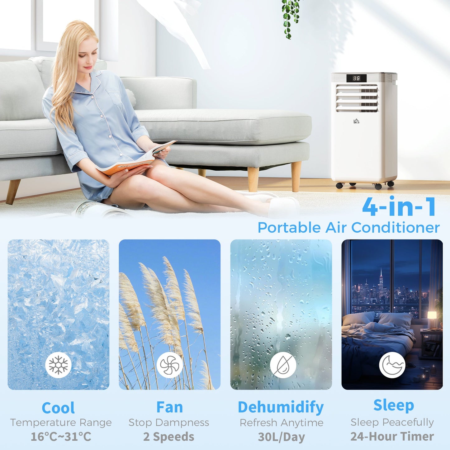 HOMCOM 7000 BTU Air Conditioning Unit, 3-in-1 Portable Air Conditioner, Dehumidifier, Cooling Fan with Remote Control, LED Display, 2 Speeds, 24H Timer, Window Venting Kit, 15m√Ç¬≤
