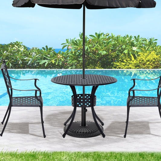Outsunny 85cm okrągły stół ogrodowy z otworem na parasol, aluminiowy motyw kratki, stół jadalny na zewnątrz do ogrodu na patio, czarny