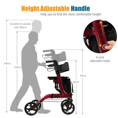 Folding Aluminium Rollator Walker Mobility Aid With 4 Wheels-Red