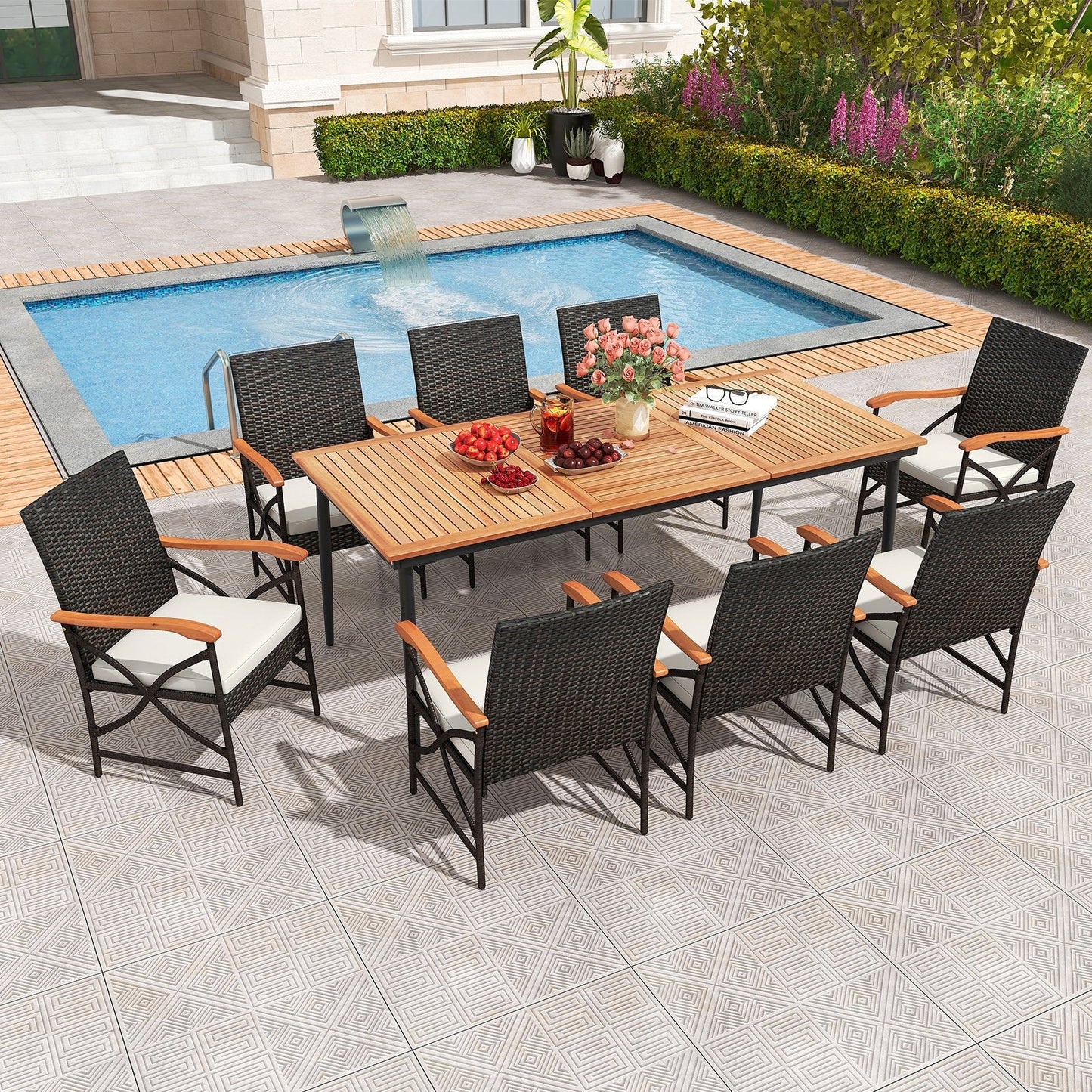 79 Inch Outdoor Dining Table and 8 Rattan-woven Dining Chairs with Umbrella Hole