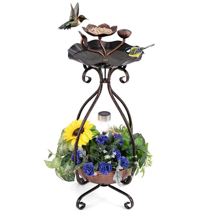 79 cm Solar Outdoor Bird Bath with Flower Planter Base and LED Light-Bronze