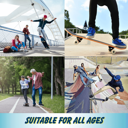 Collage of people skateboarding in various settings with text 'Suitable for all ages'.