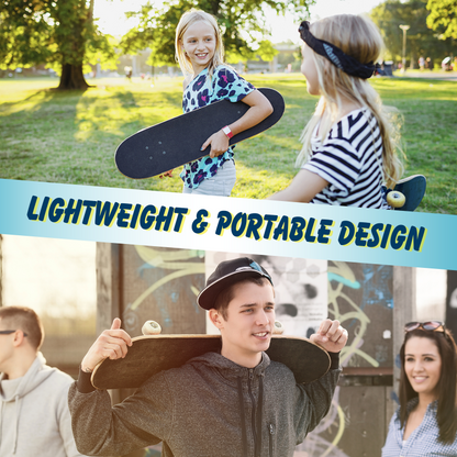 People holding skateboards with text 'Lightweight & Portable Design' in a park setting.