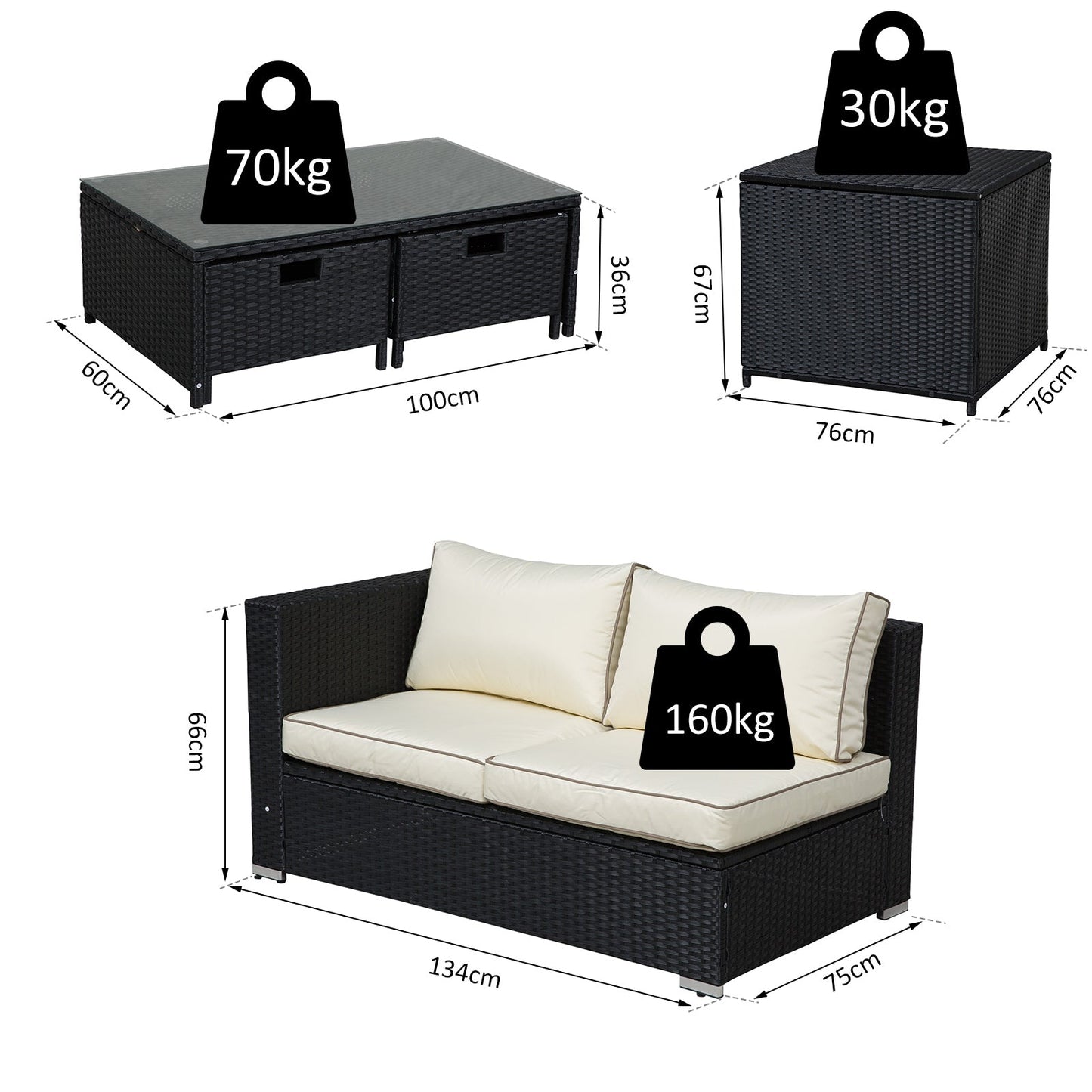 Outsunny 4-Seater Rattan Garden Furniture Patio Sofa Storage & Table Set w/ Coffee Table & Corner Sofa - Black