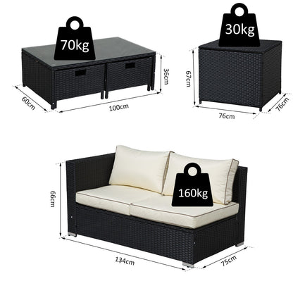 Outsunny 4-Seater Rattan Garden Furniture Patio Sofa Storage & Table Set w/ Coffee Table & Corner Sofa - Black