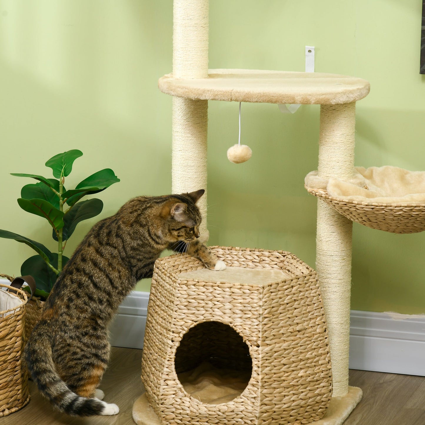 PawHut Cat Tree Tower, Climbing Activity Centre, Kitten Furniture w/ Cattail, Bed, House, Sisal Post, Hanging Ball, Natural Tone