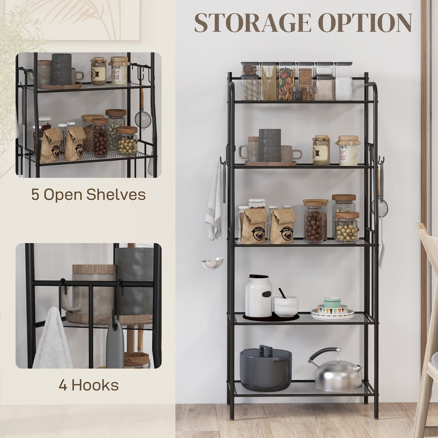 5-Tier Kitchen Storage Unit, Microwave Stand with 5 Mesh Open Shelves and 4 Hooks, Modern Coffee Bar Station with Steel Frame for Living Room, Black