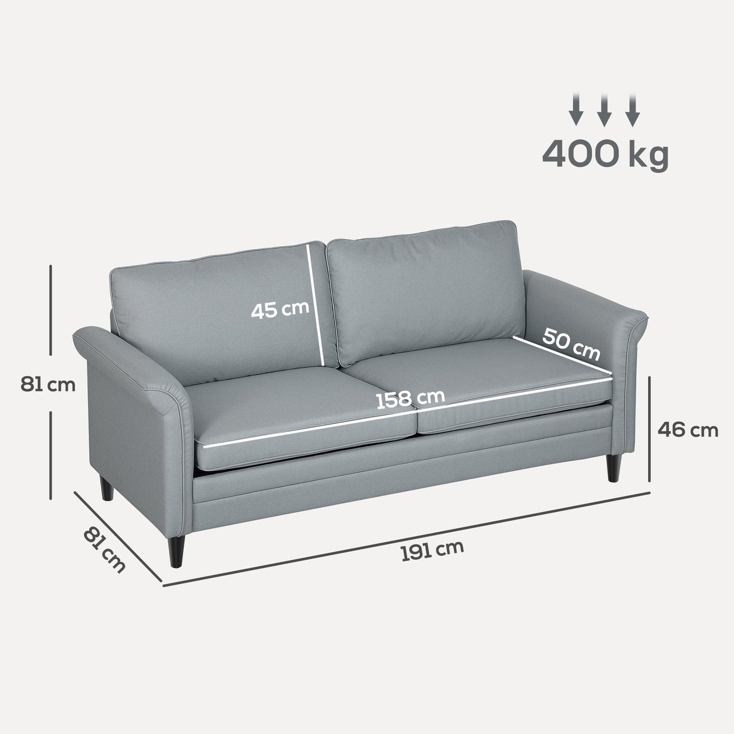 HOMCOM 3 Seater Sofa, Modern Fabric Sofa Couch with Spring Cushion, Rubber Wood Legs, 191cm Upholstered Settee for Living Room, Bedroom, Home Office, Guest Room, Grey