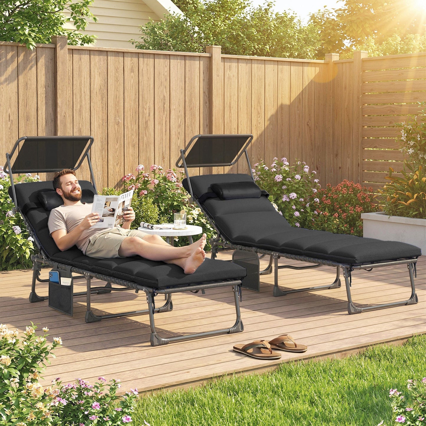 Outsunny Folding Sun Loungers Set of 2 with Canopy, Reclining Sunbed with Cushion, Side Pocket, Carrying Handle, Black