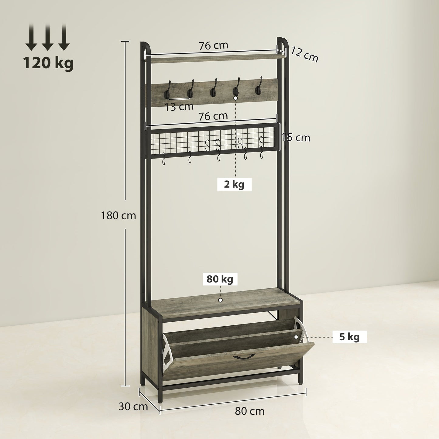 HOMCOM 5-In-1 Industrial-Style Hallway Tree - Grey/Black