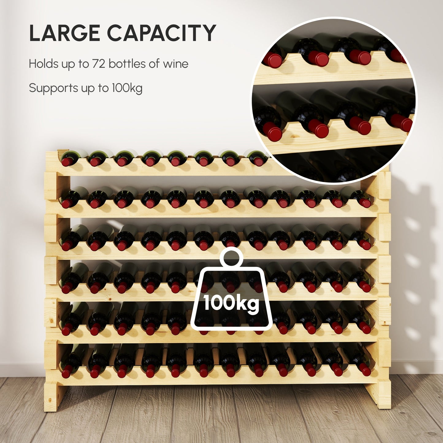HOMCOM Six-Tier, 72 Bottle Wooden Wine Rack - Natural
