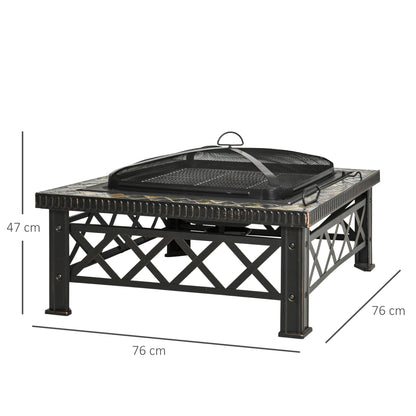 Outsunny 3 in 1 Square Fire Pit Square Table Metal Brazier for Garden, Patio with BBQ Grill Shelf, Spark Screen Cover, Grate, Poker, 76 x 76 x 47cm