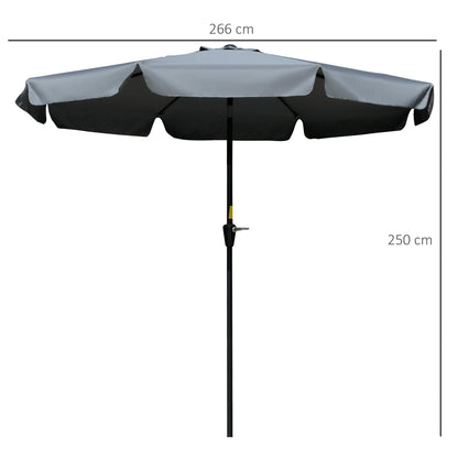 Outsunny 2.66m Patio Umbrella Garden Parasol Outdoor Sun Shade Table Umbrella with Ruffles, 8 Sturdy Ribs, Charcoal Grey