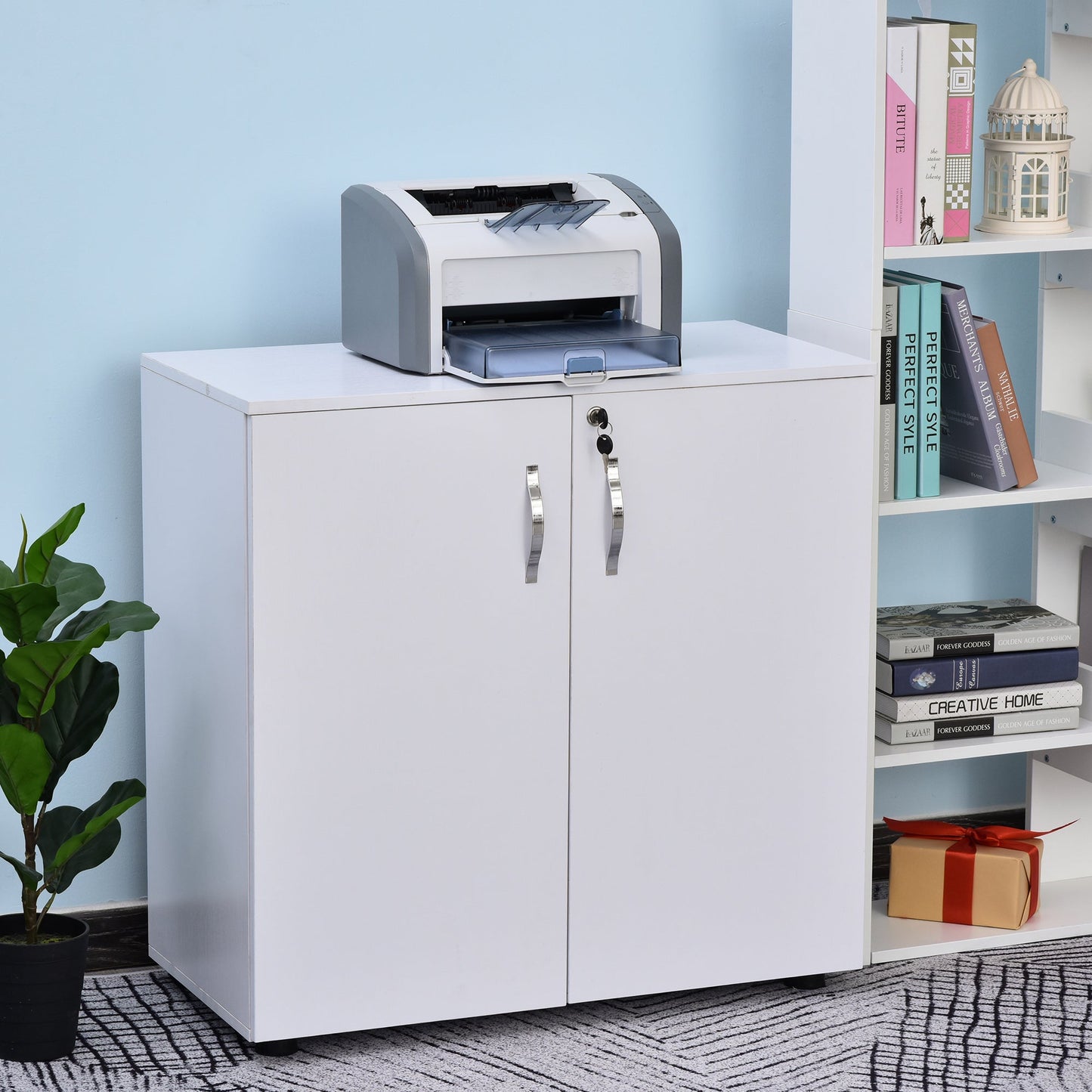 Vinsetto Lockable Office Storage Cabinet 2-Tier Filing Cabinet w/ Feet 2 Keys Melamine Coating Aluminium Handles Home Office Printer Stand White