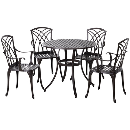 Outsunny 5 Pieces Garden Dining Set for 4, Cast Aluminium Outdoor Dining Set with 4 Armchairs and Round Dining Table with Parasol Hole, Garden Furniture Set, Brown