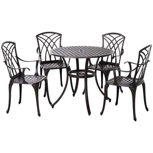 Outsunny 5 Pieces Garden Dining Set for 4, Cast Aluminium Outdoor Dining Set with 4 Armchairs and Round Dining Table with Parasol Hole, Garden Furniture Set, Brown