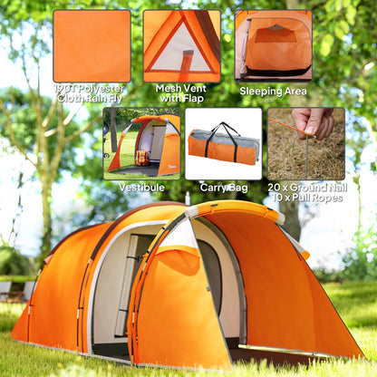 Outsunny 2-3 Man Tunnel Tents w/ Vestibular Camping Tent Porch Air Ventsitionable Shelter, Orange