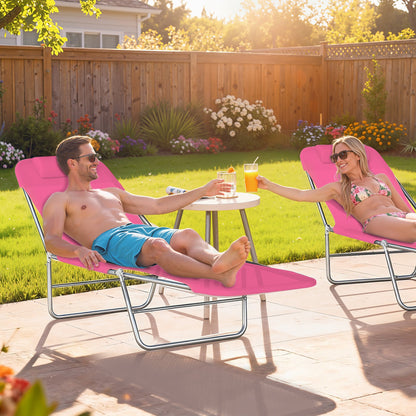 Outsunny Folding Sun Lounger with Head Pillow - Pink
